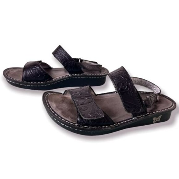 Alegria Verona Sandals Size 37 US 6.5 Black Silver Embossed Leather Sling-Back - Picture 1 of 13
